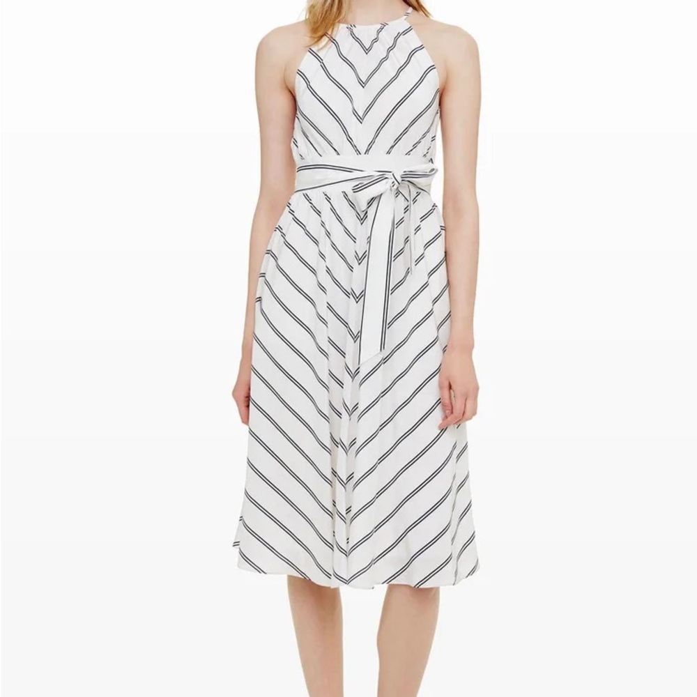 Club Monaco Striped Halter Midi Dress with Waist Tie - White/Black